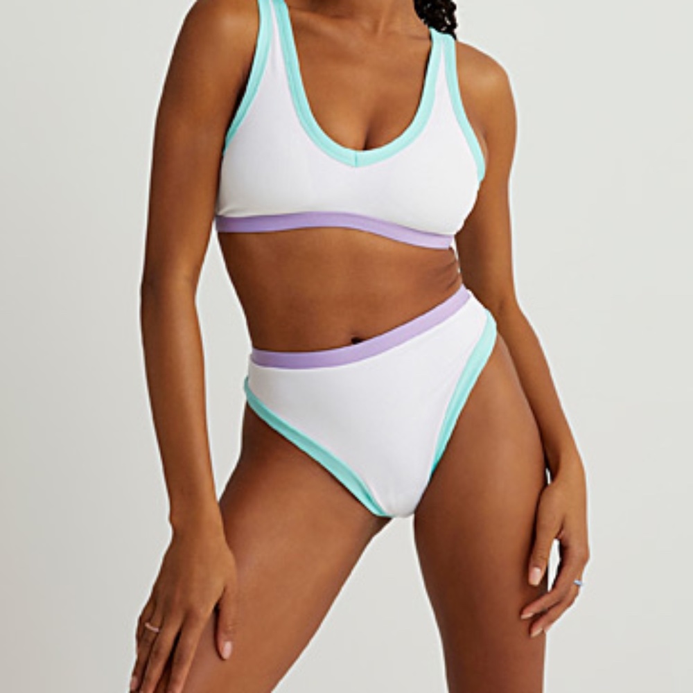 White with green and purple trim high rise ribbed bikini swimsuit bottom NWT